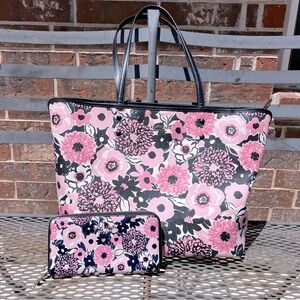 Kate Spade Dahlia Leather Floral Print Tote Bag with Matching Zipper Wallet